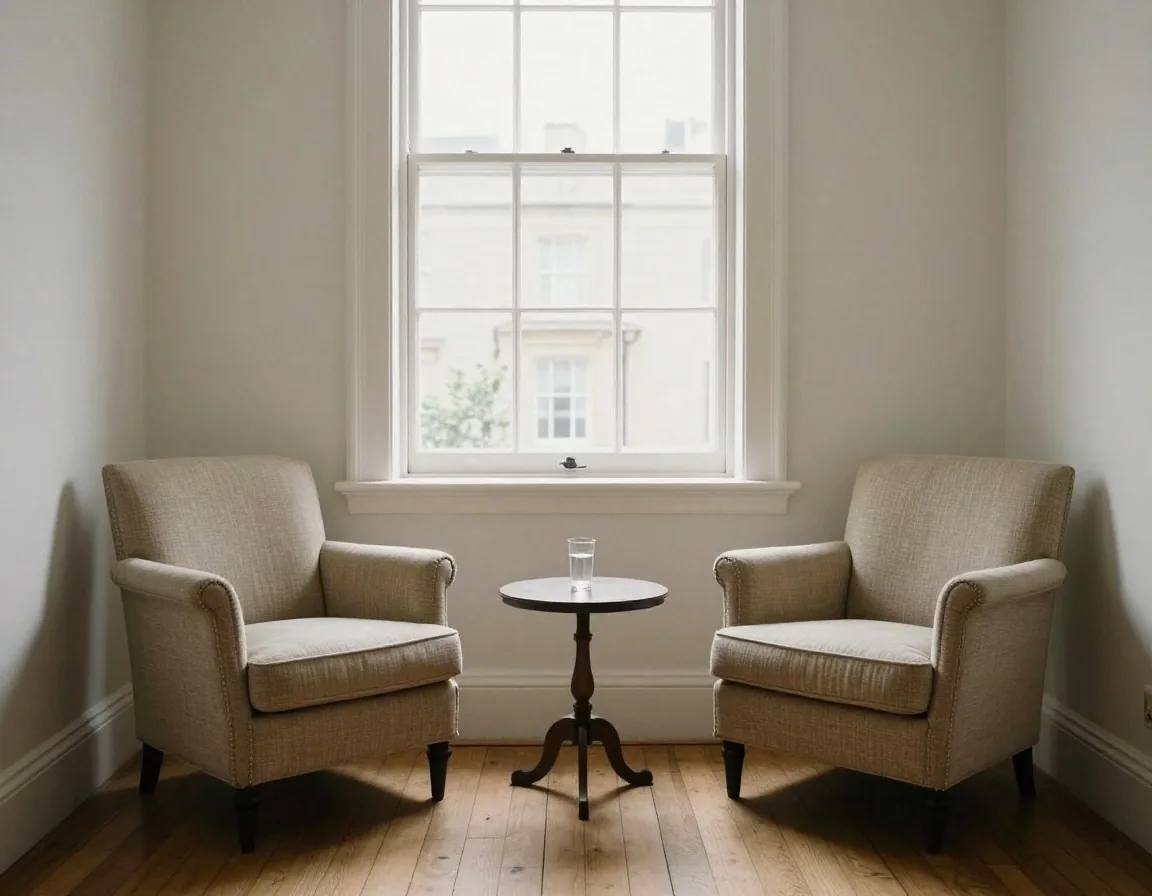 A quiet consultation room at the practice with a desk, two chairs and soft north light from a sash window