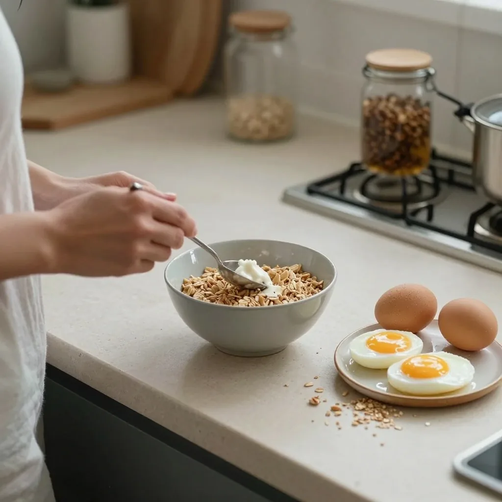 Eggs, Greek yoghurt and wholegrain toast laid out on a pale stone worktop